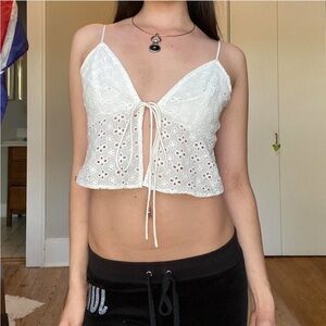 Eyelet lace tie front tank top